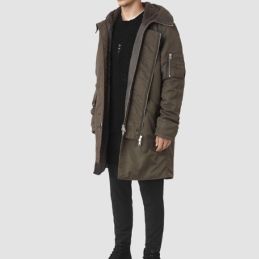 AllSaints Puffer Jacket Mens M Green Mason Parka Coat Heavyweight Streetwear
